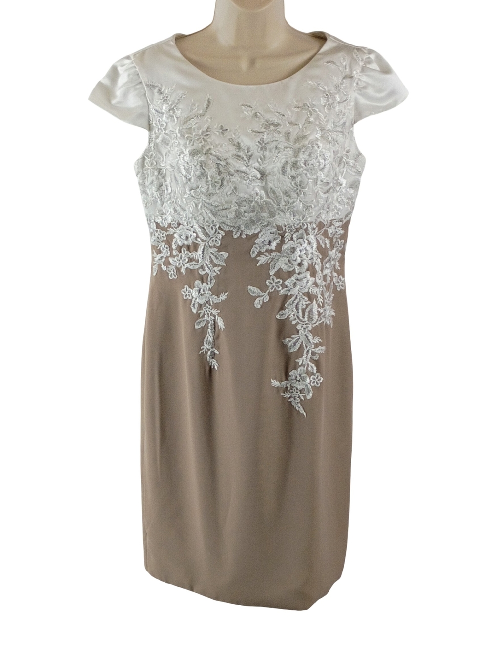 JJs House White and Taupe Iridescent Embroidery Applique Cap Sleeve Sheath Dress